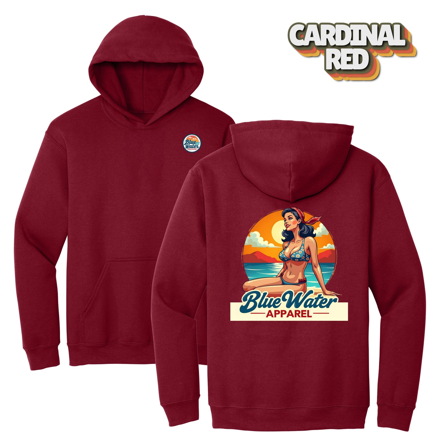 flat lay cardinal red vintage pin up hoodie by blue water apparel
