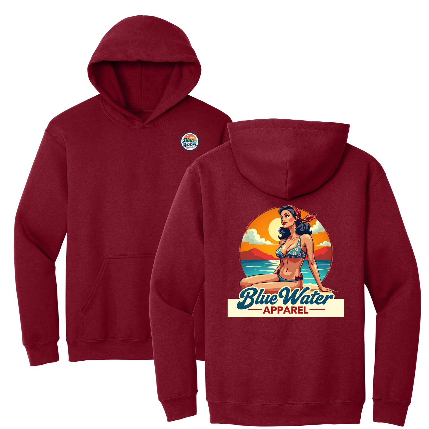 flat lay cardinal red vintage pin up hoodie by blue water apparel