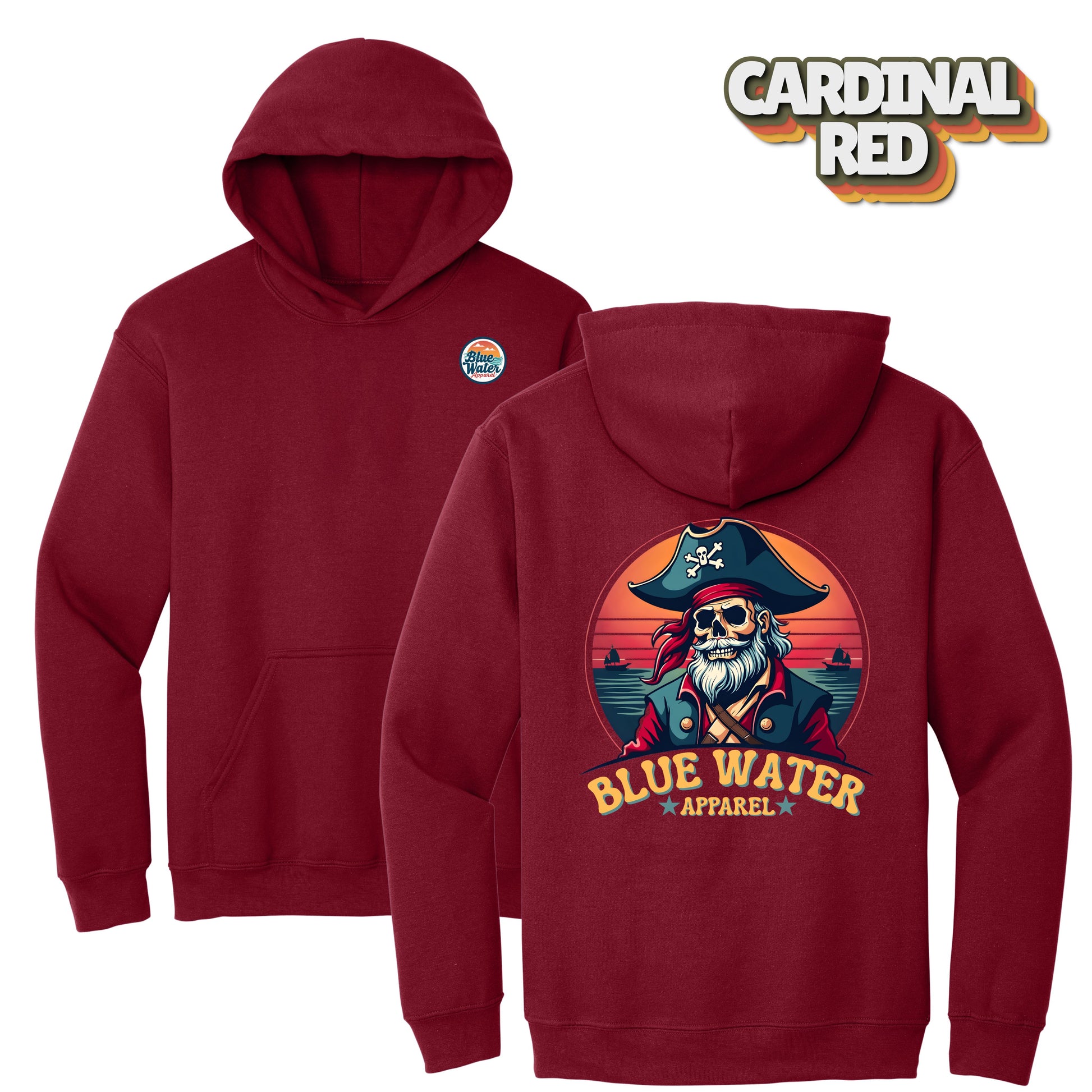 flat lay cardinal red vintage pirate hoodie by blue water apparel