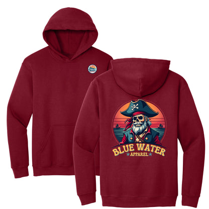 flat lay cardinal red vintage pirate hoodie by blue water apparel