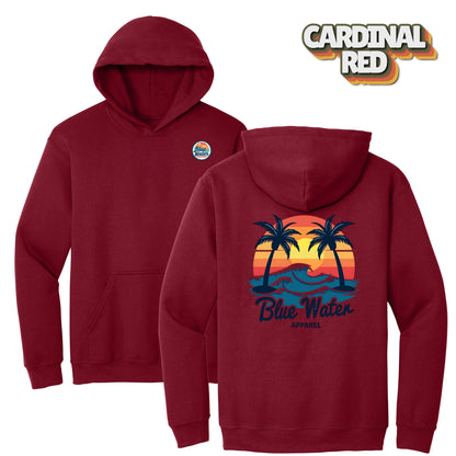 flat lay cardinal red vintage sunset hoodie by blue water apparel