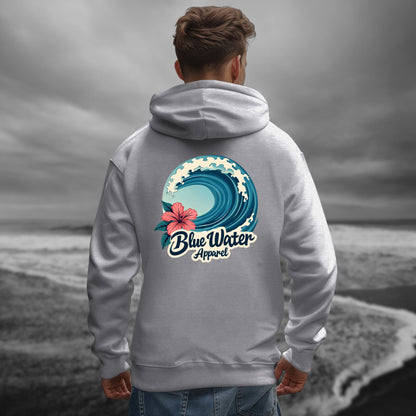 model on beach wearing sport grey hibiscus wave hoodie by blue water apparel