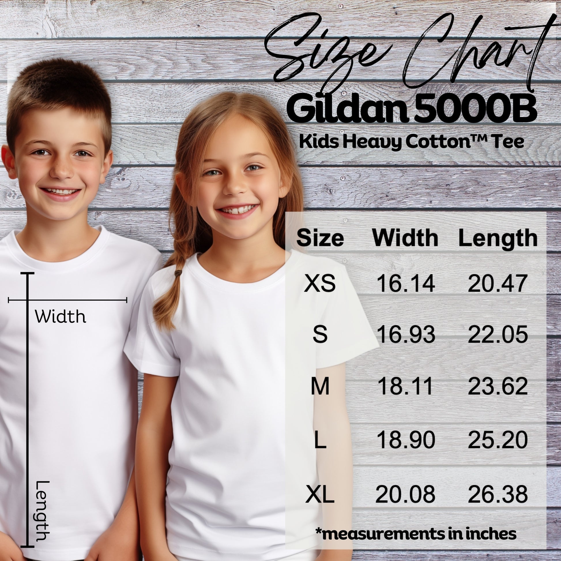 Children's unisex size chart for Gildan heavy cotton tee