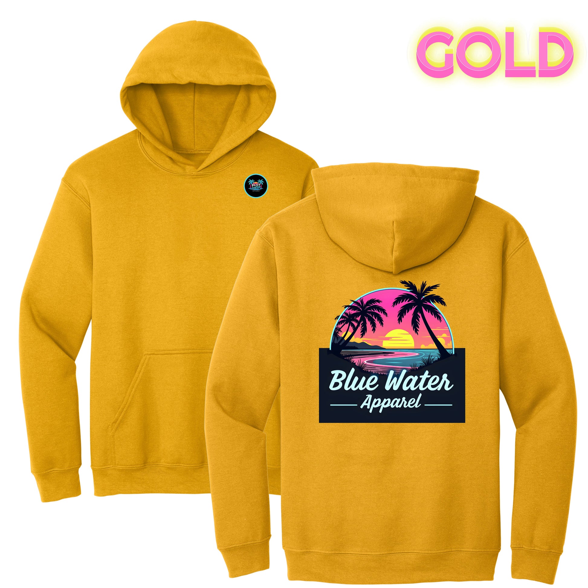 flat lay gold neon sunset hoodie by blue water apparel