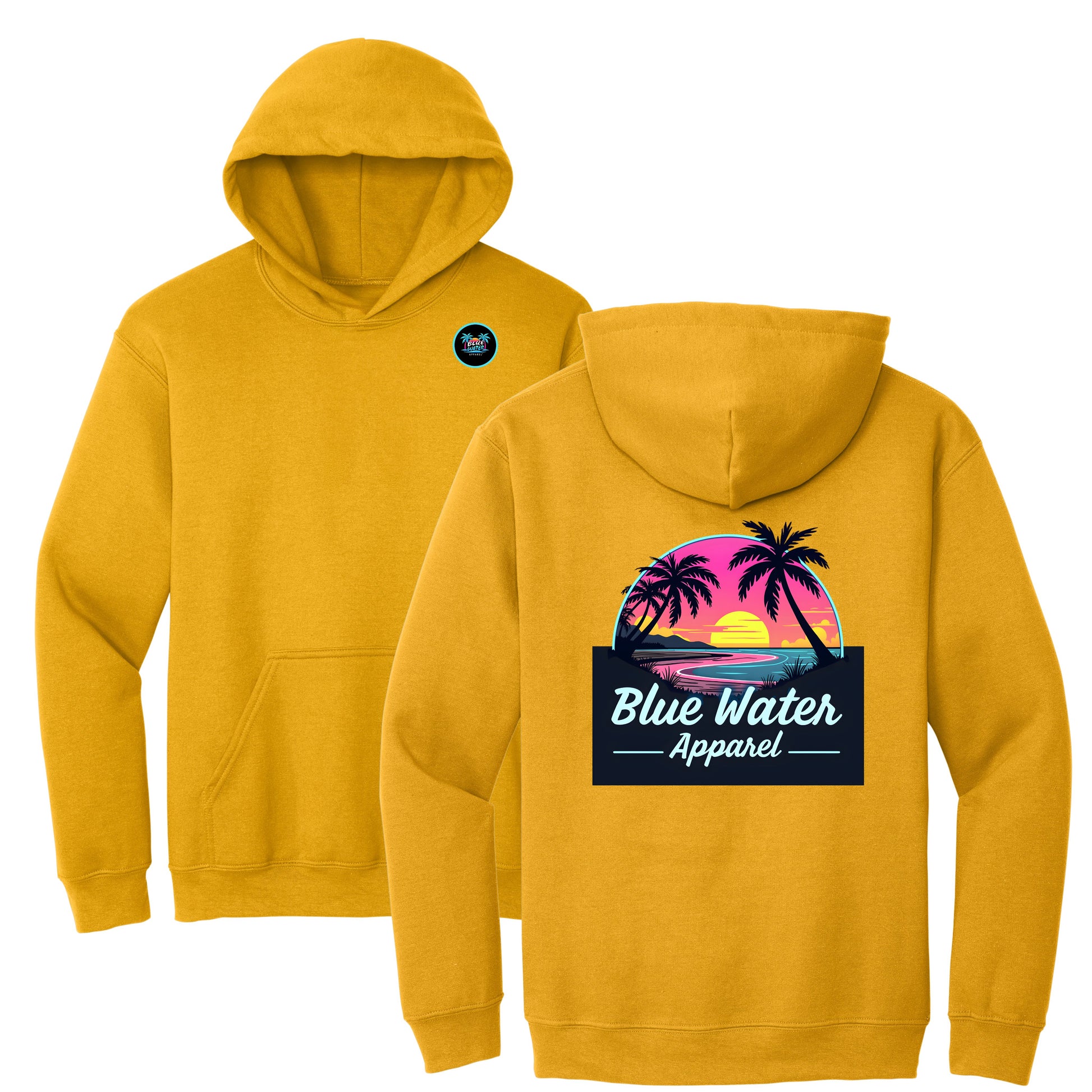 flat lay gold neon sunset hoodie by blue water apparel