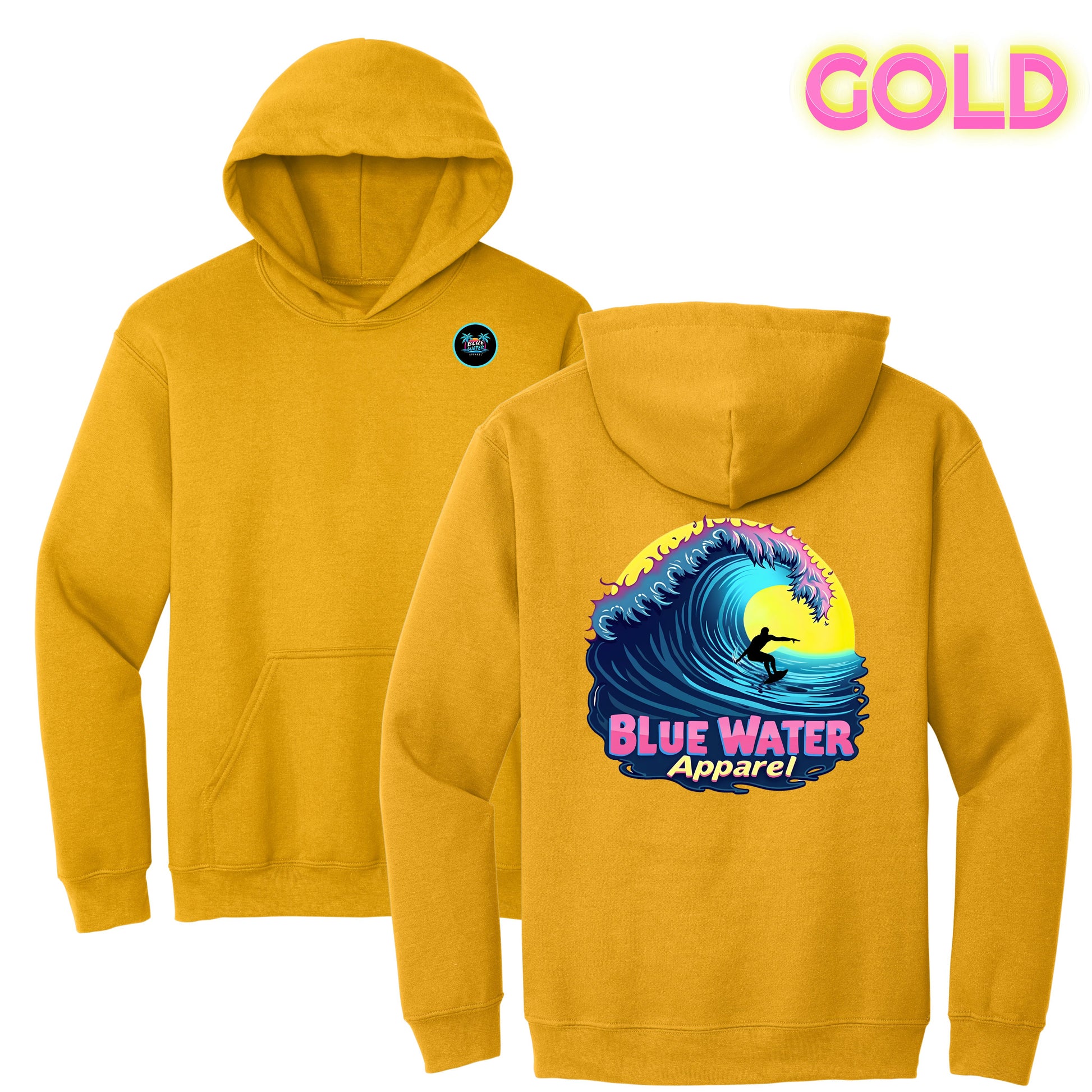 flat lay gold neon surfer hoodie by blue water apparel