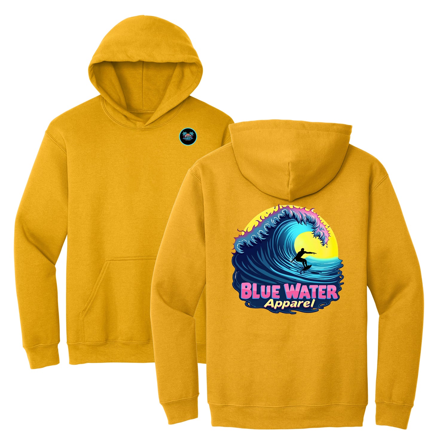 flat lay gold neon surfer adult hoodie by blue water apparel
