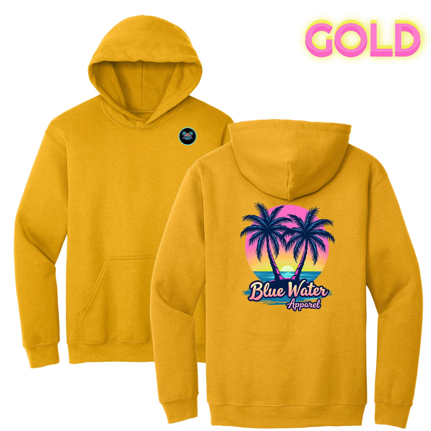 flat lay gold neon tropics hoodie by blue water apparel