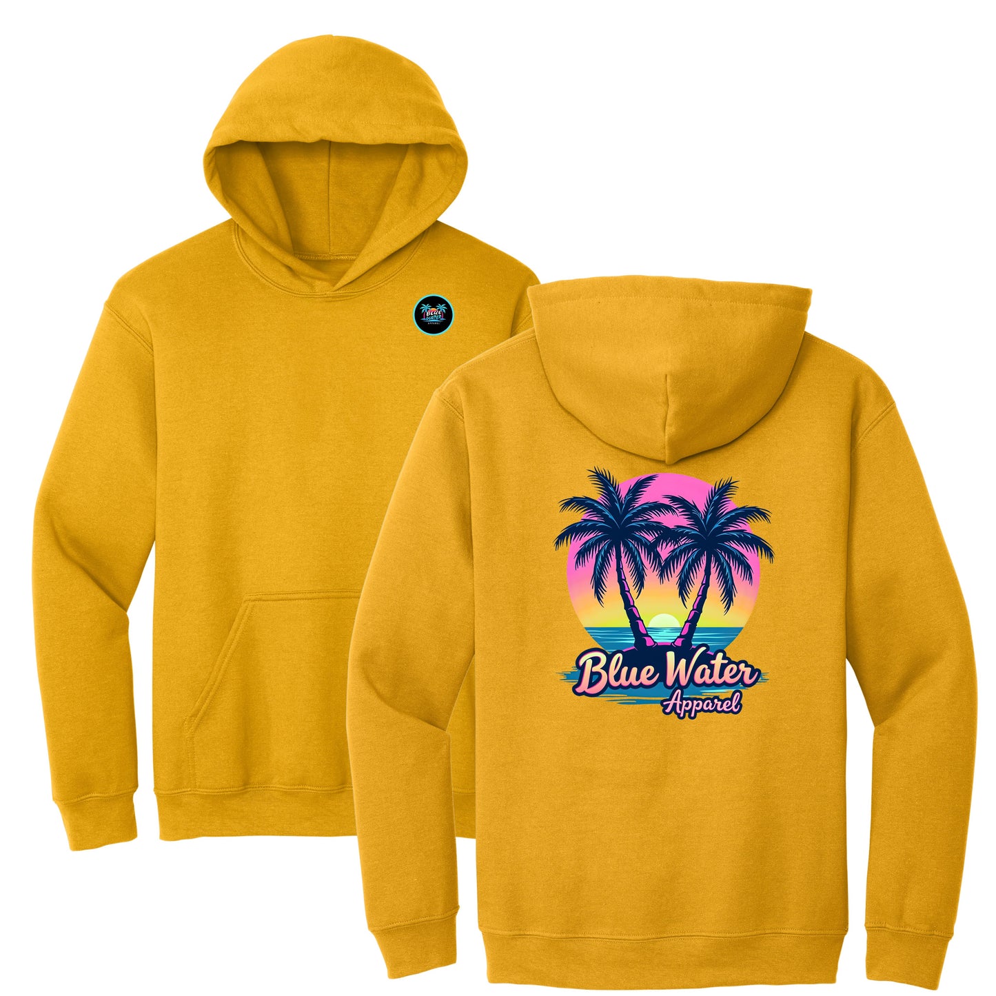 flat lay gold neon tropics hoodie by blue water apparel