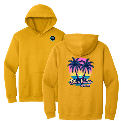 flat lay gold neon tropics hoodie by blue water apparel