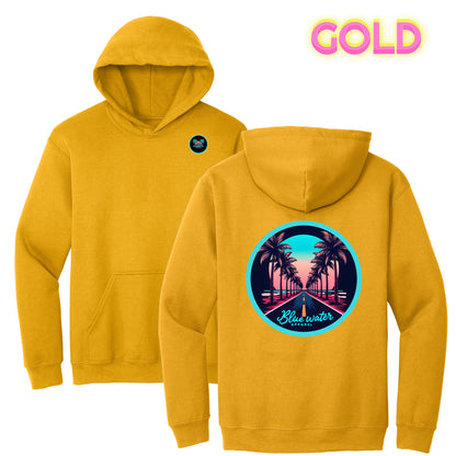 flat lay gold palm tree road hoodie by blue water apparel