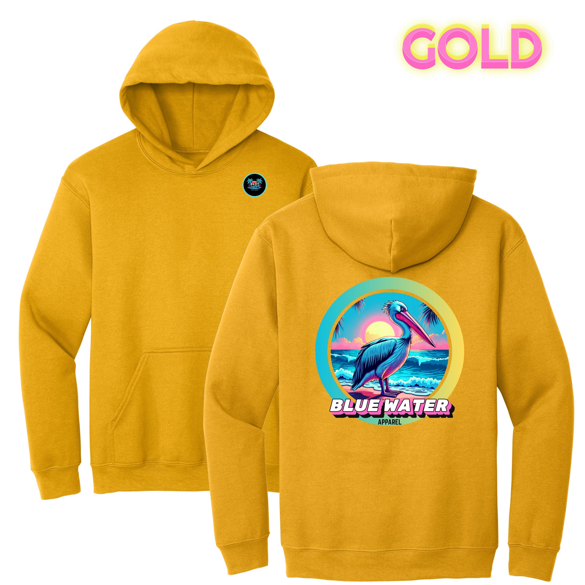 flat lay gold retro pelican hoodie by blue water apparel