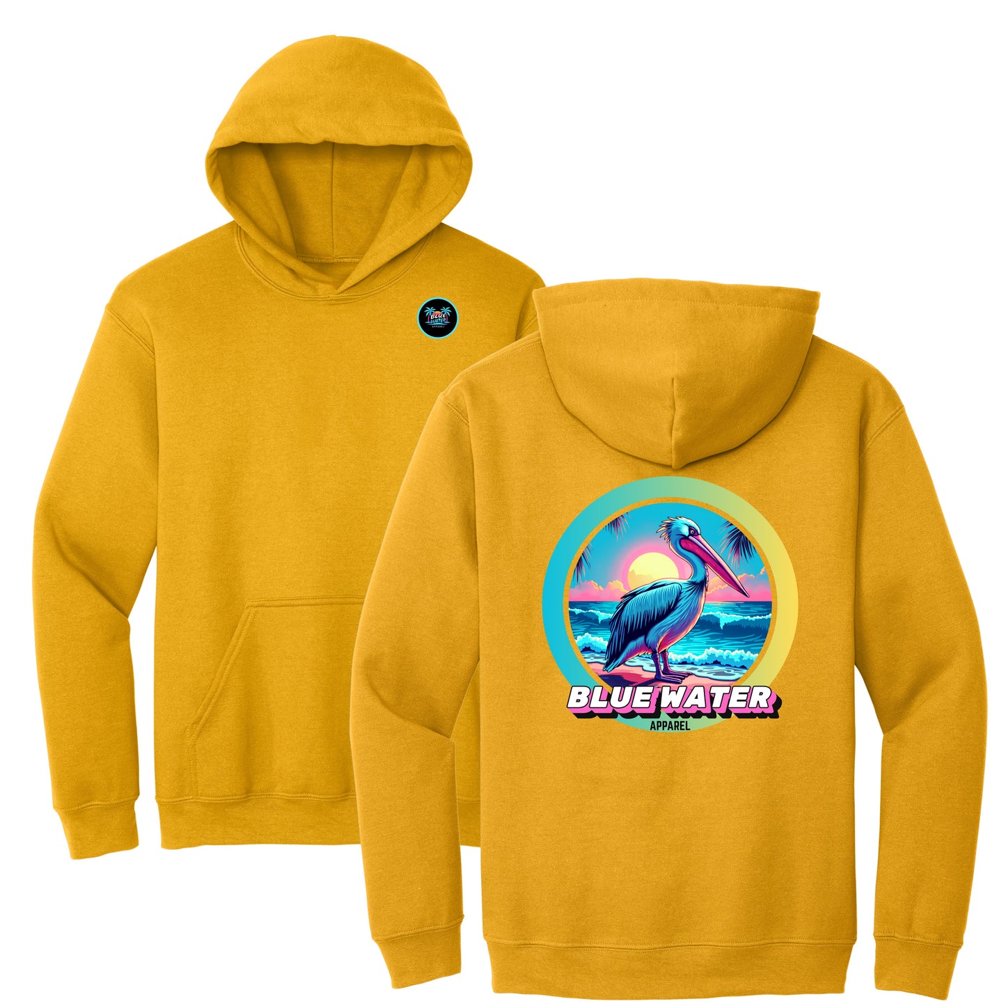 flat lay gold retro pelican hoodie by blue water apparel