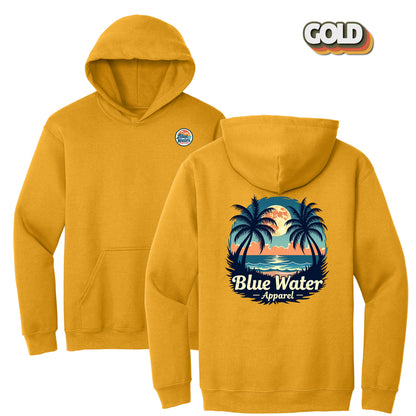 flat lay gold tropical moon hoodie by blue water apparel