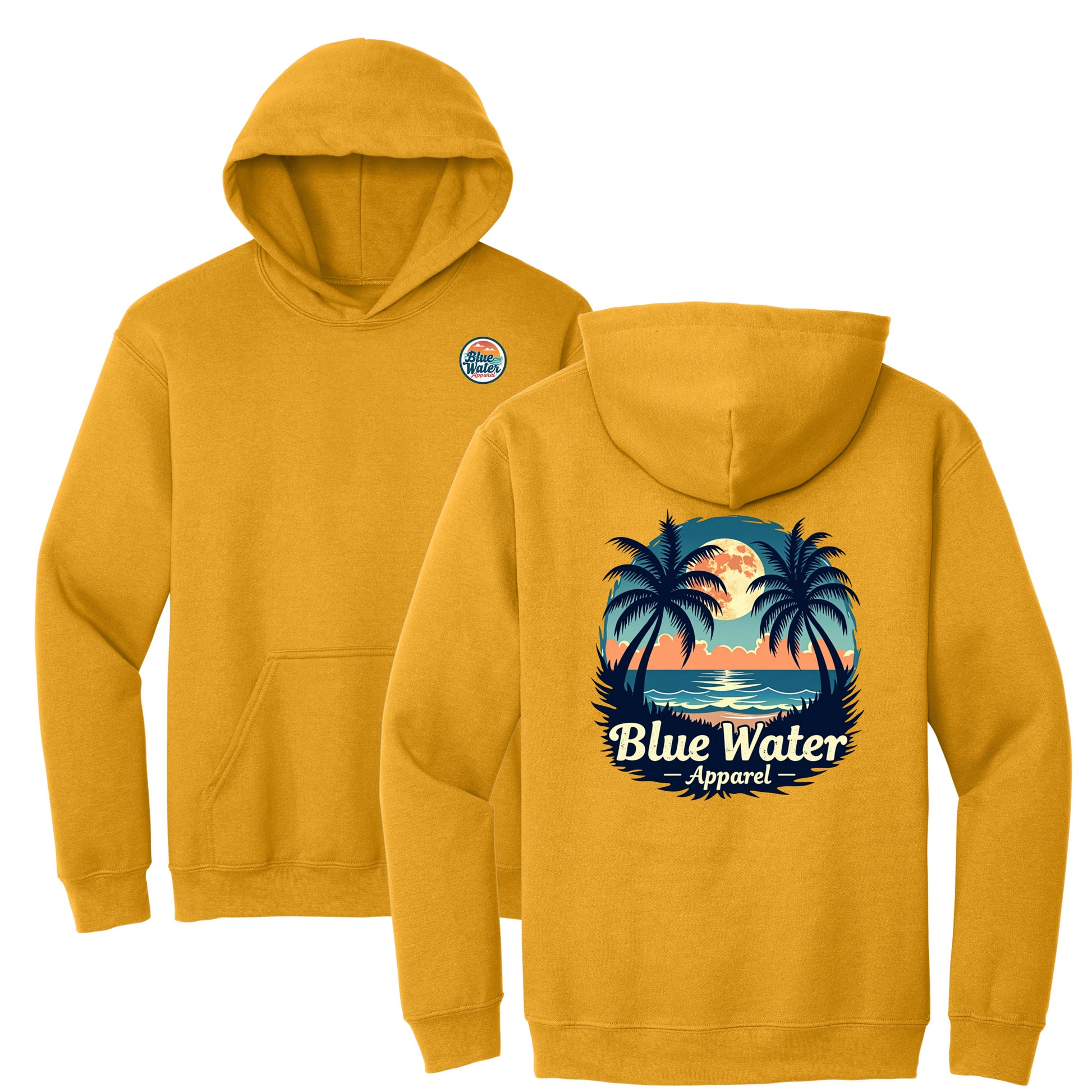flat lay gold tropical moon hoodie by blue water apparel