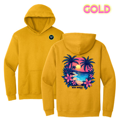 flat lay gold tropical sunset hoodie by blue water apparel
