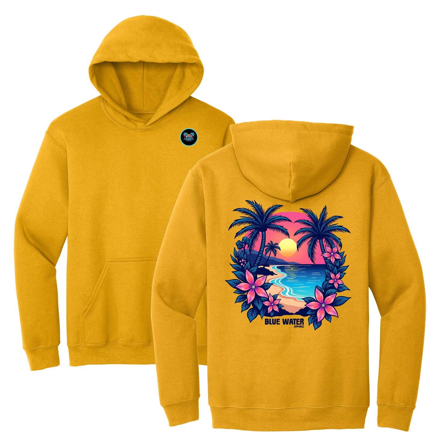 flat lay gold tropical sunset hoodie by blue water apparel