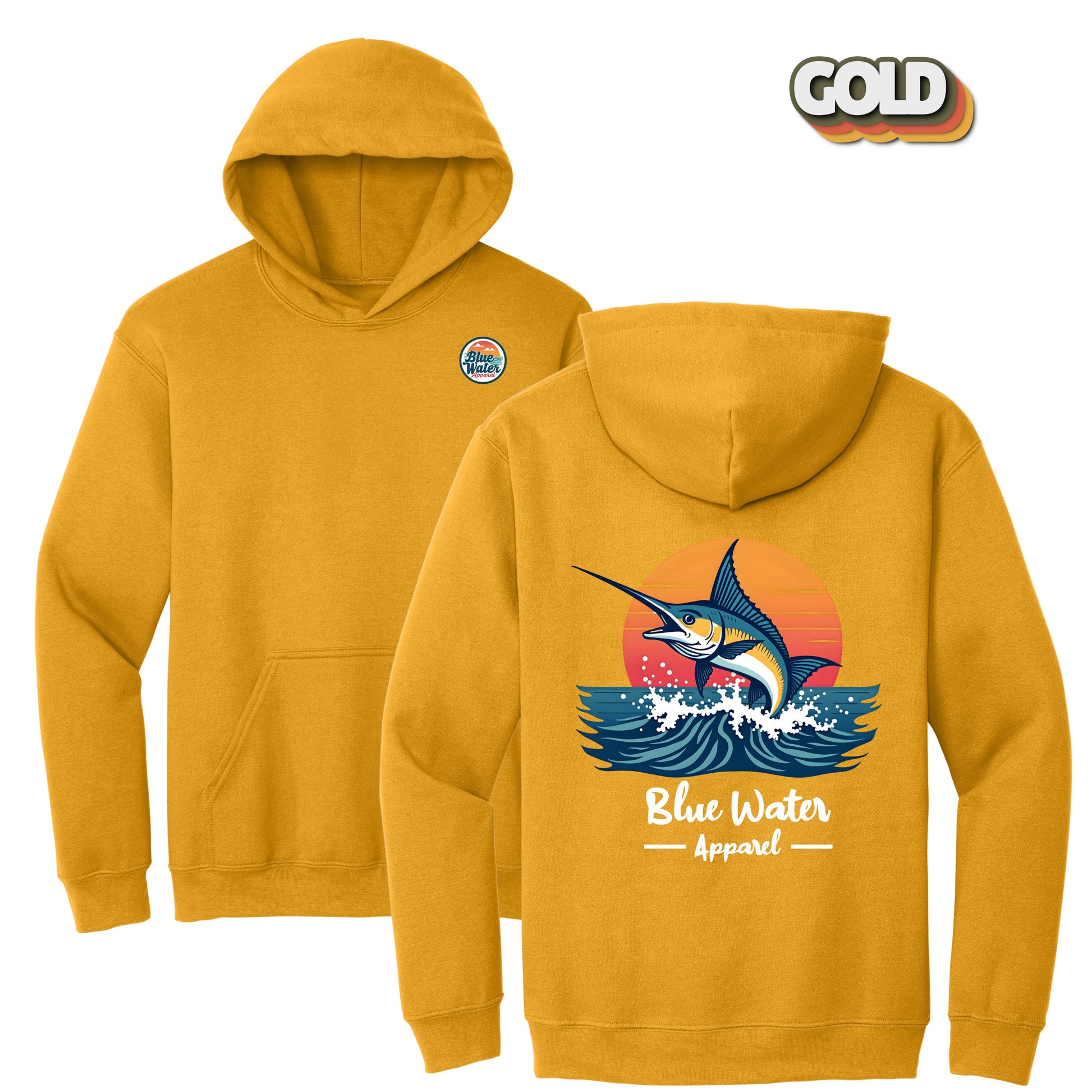 flat lay back graphic gold vintage marlin hoodie by blue water apparel