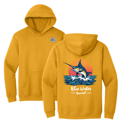 flat lay gold vintage marlin hoodie by blue water apparel