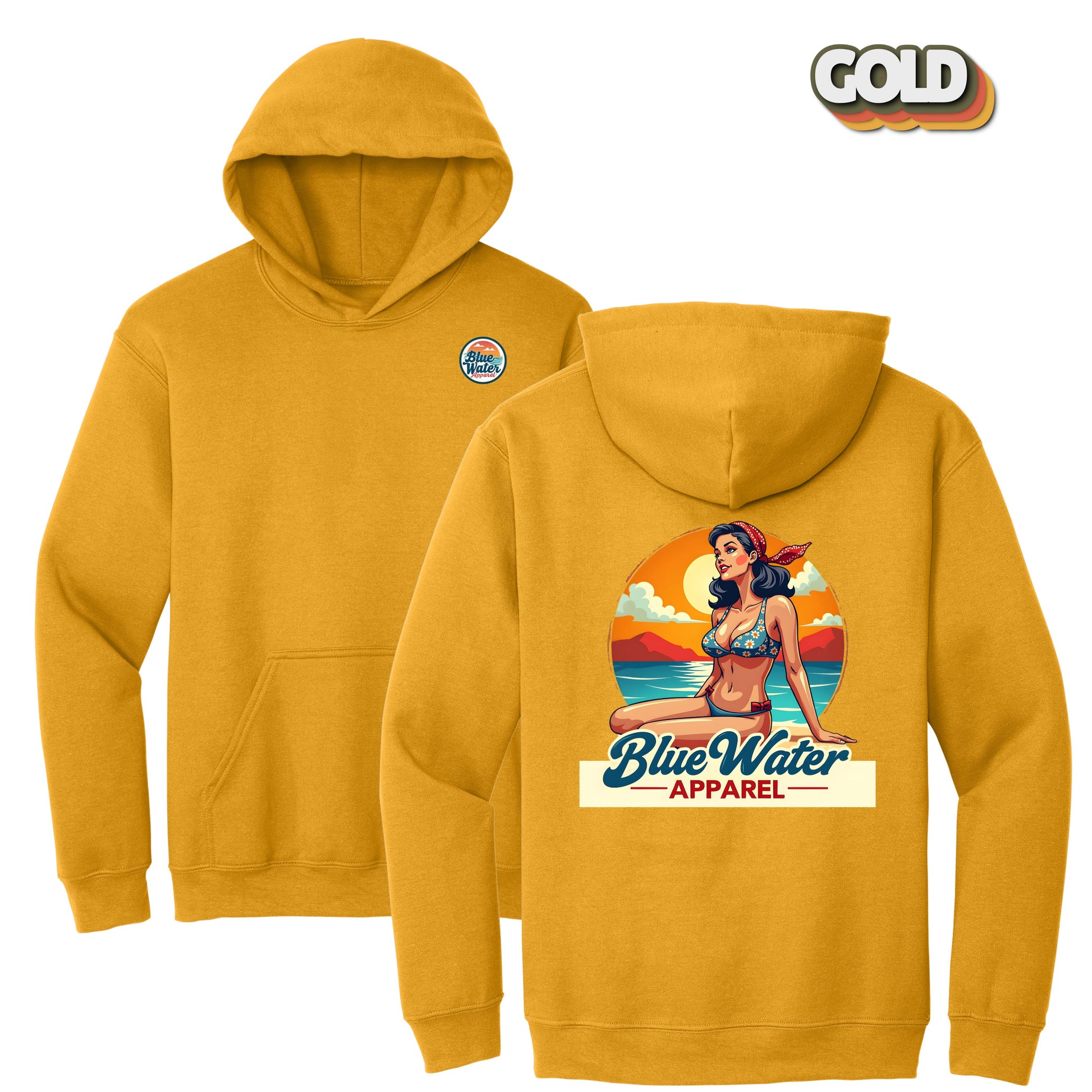 flat lay gold vintage pin up hoodie by blue water apparel