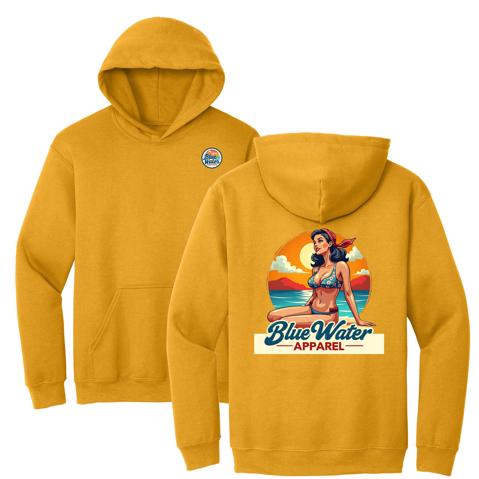 flat lay gold vintage pin up hoodie by blue water apparel
