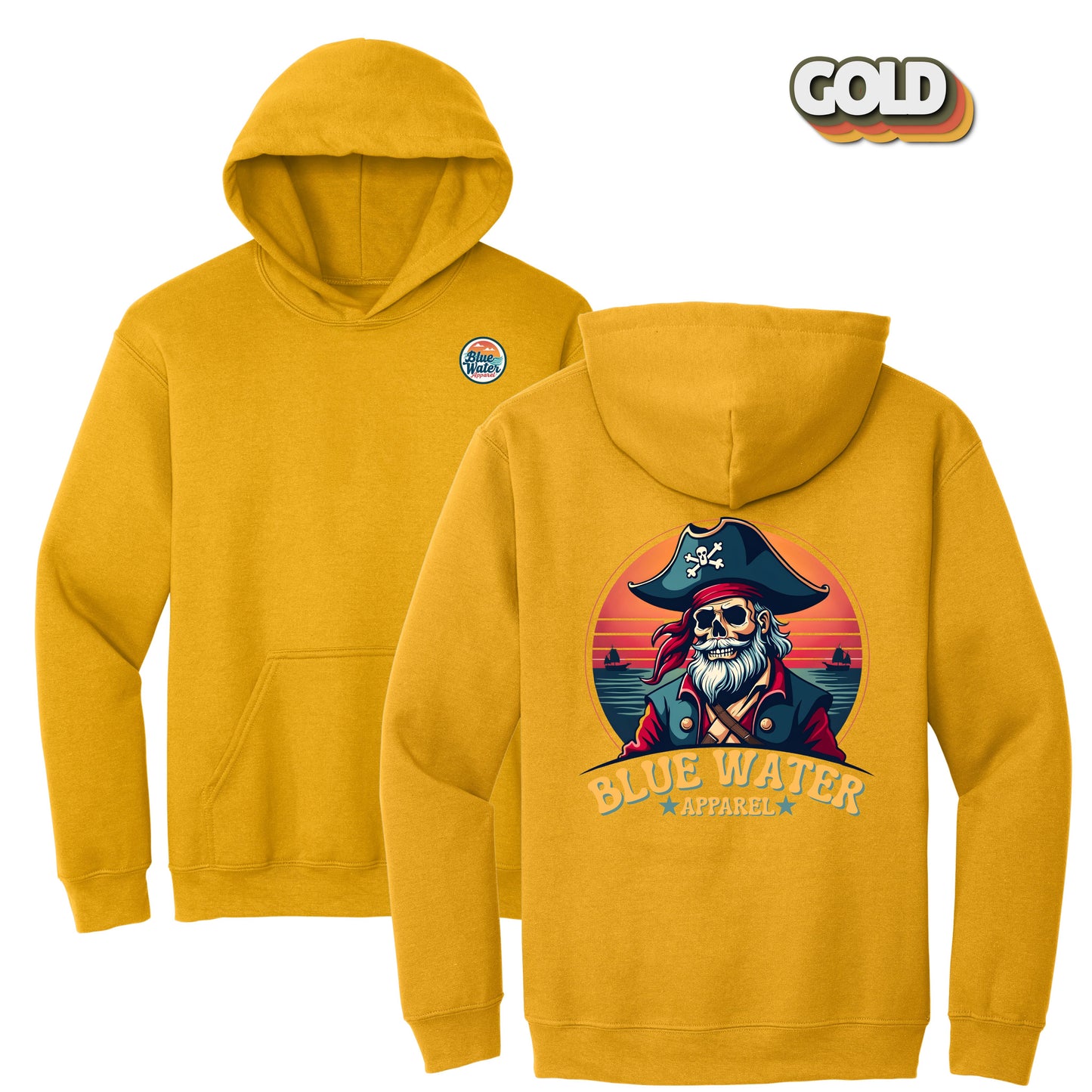 flat lay gold vintage pirate hoodie by blue water apparel