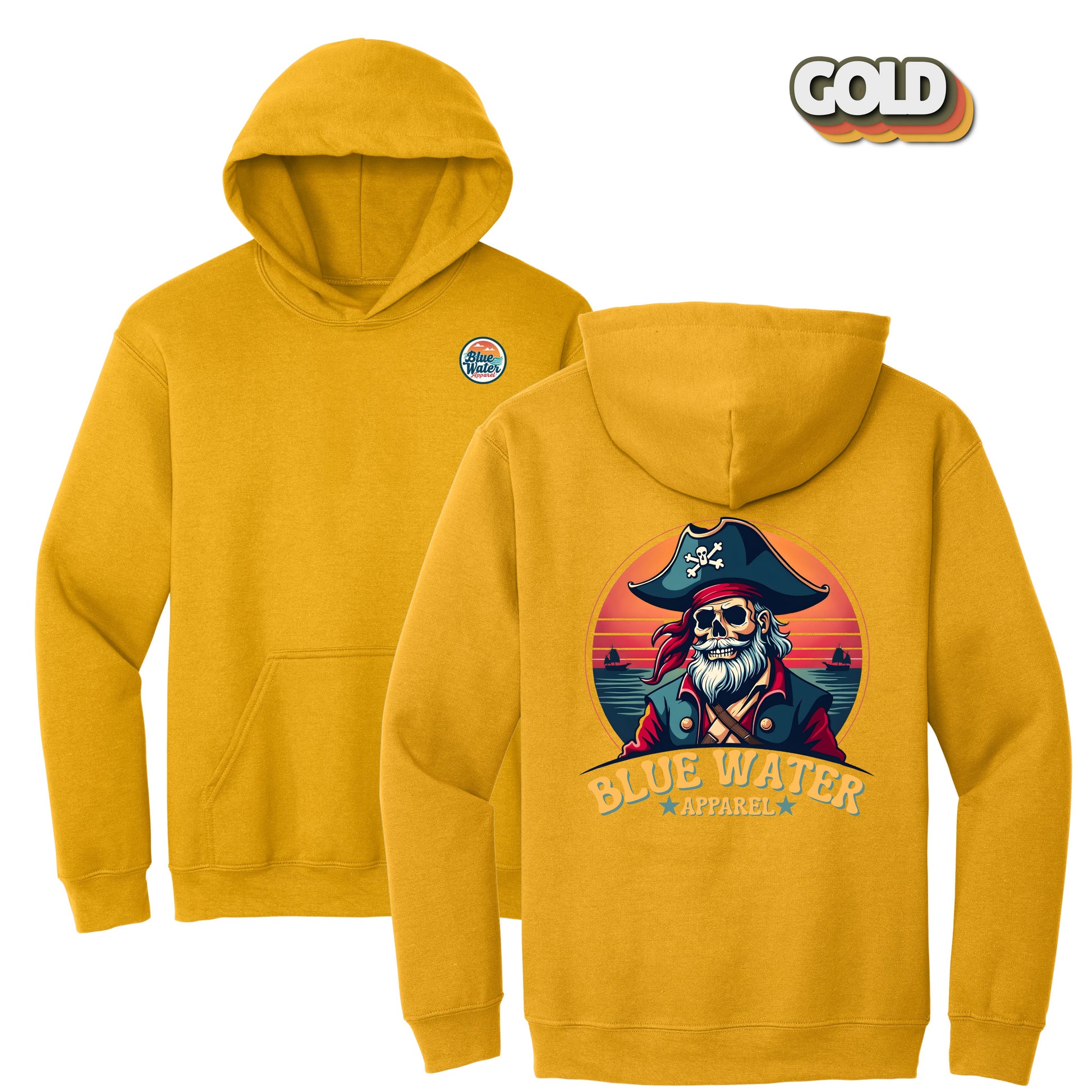 flat lay gold vintage pirate hoodie by blue water apparel