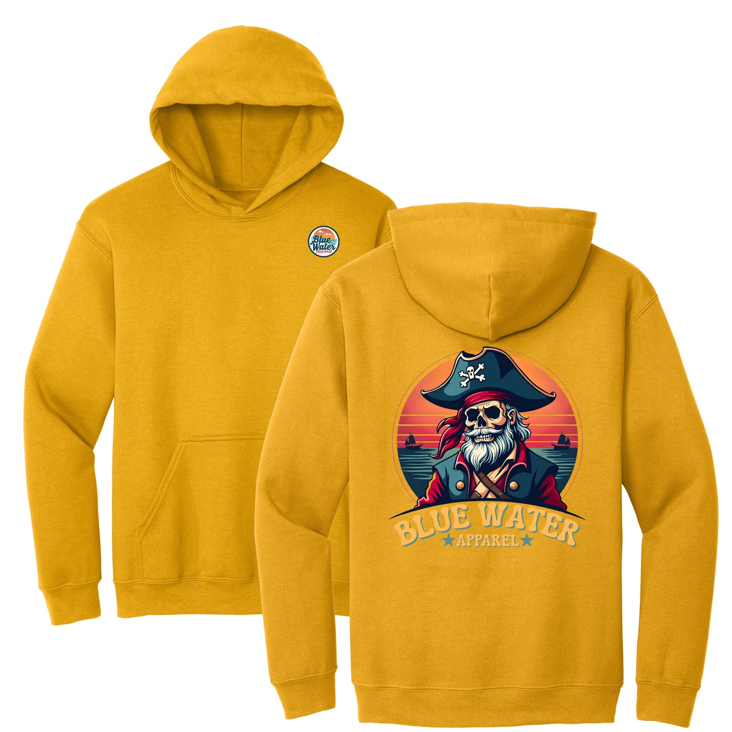 flat lay gold vintage pirate hoodie by blue water apparel