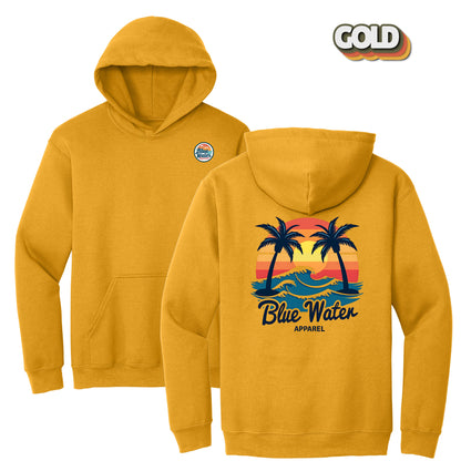 flat lay gold vintage sunset hoodie by blue water apparel