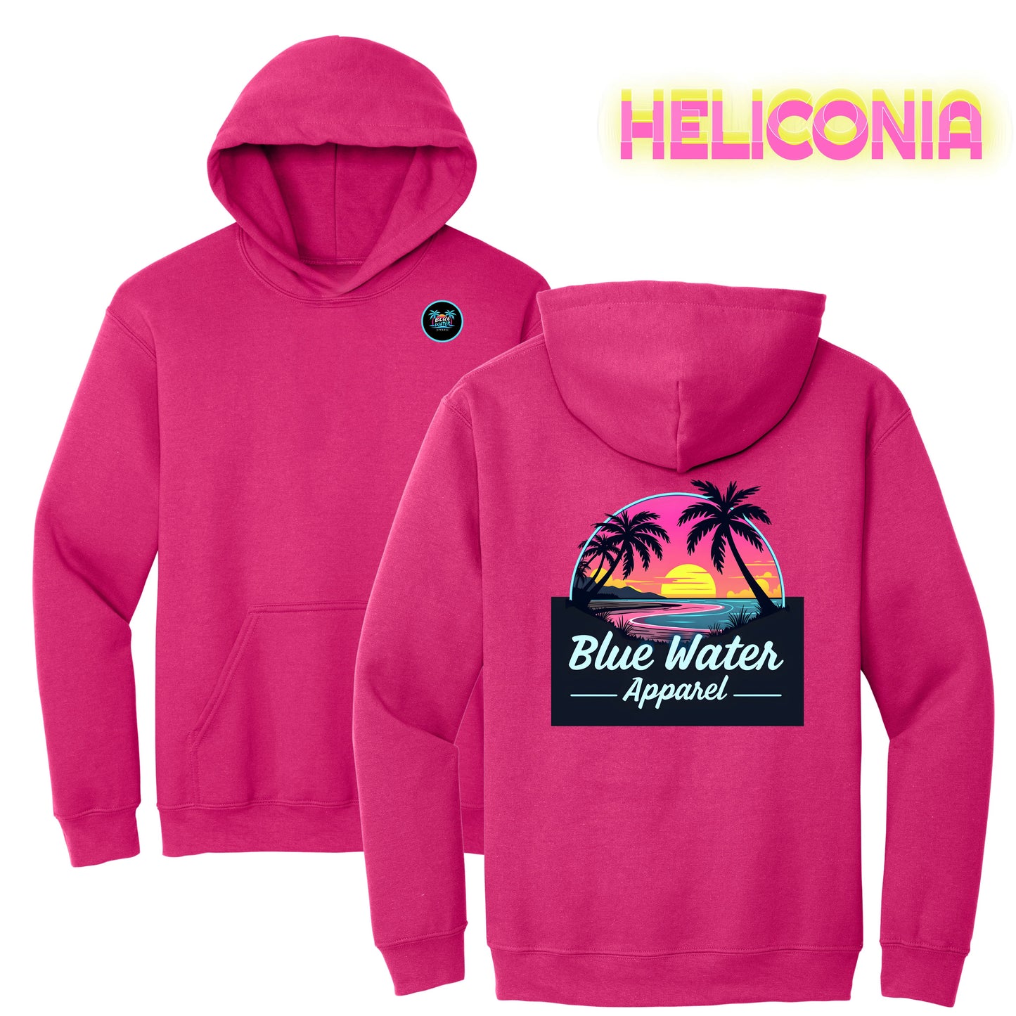 flat lay heliconia neon sunset hoodie by blue water apparel