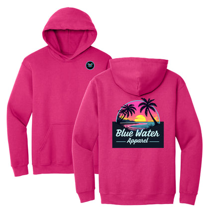 flat lay heliconia neon sunset hoodie by blue water apparel