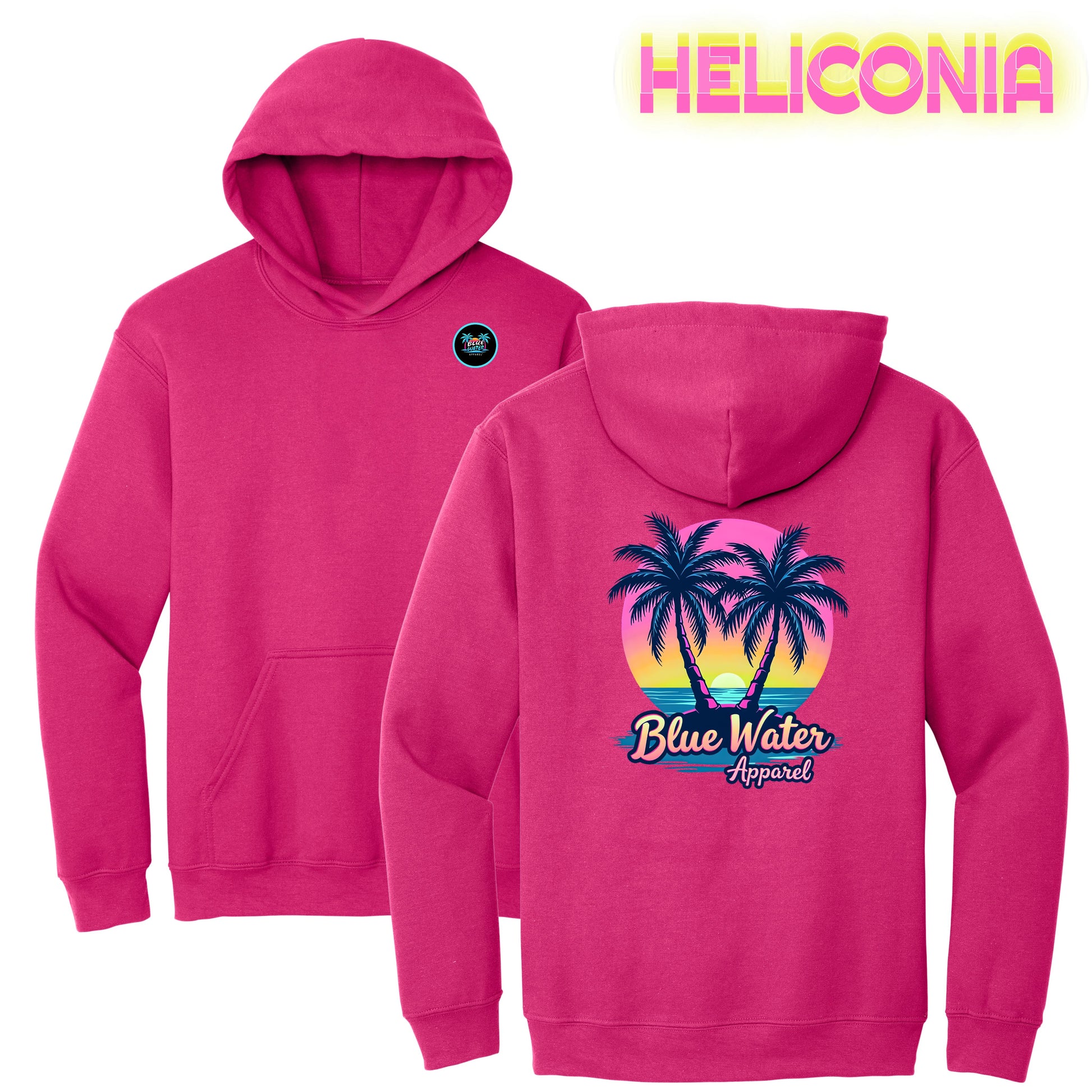 flat lay heliconia neon tropics hoodie by blue water apparel