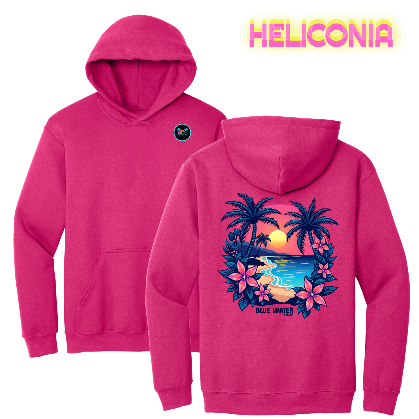 flat lay heliconia tropical sunset hoodie by blue water apparel