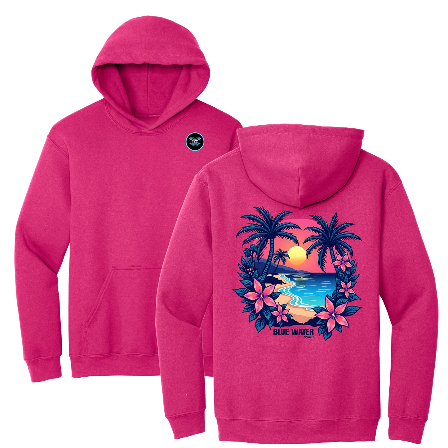 flat lay heliconia tropical sunset hoodie by blue water apparel