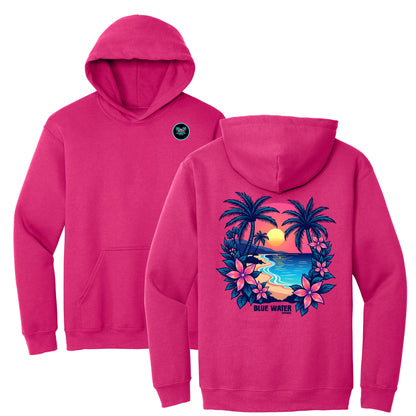 flat lay heliconia tropical sunset hoodie by blue water apparel