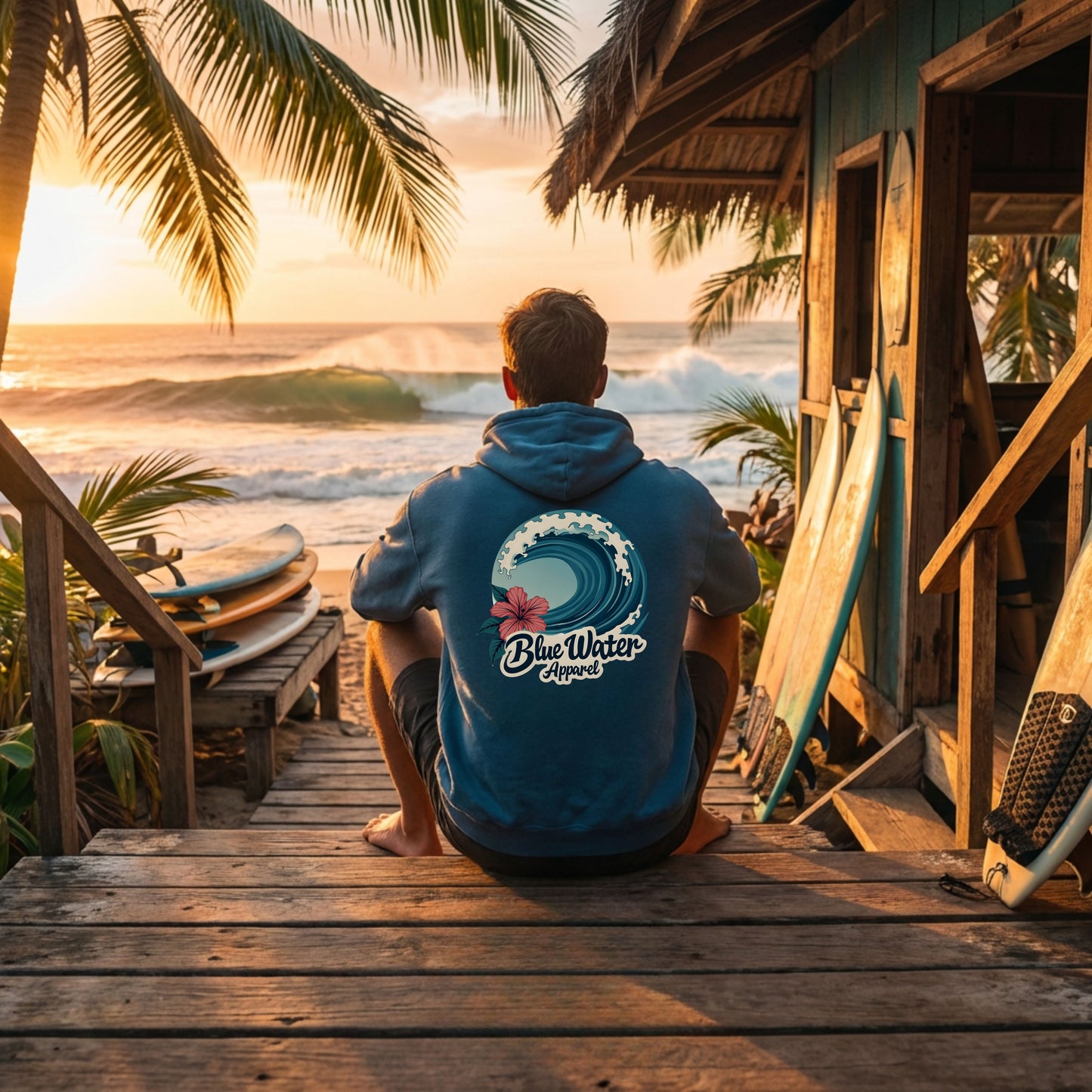 man wearing antique sapphire hibiscus wave adult hoodie sitting on steps of surf shack overlooking beach by blue water apparel