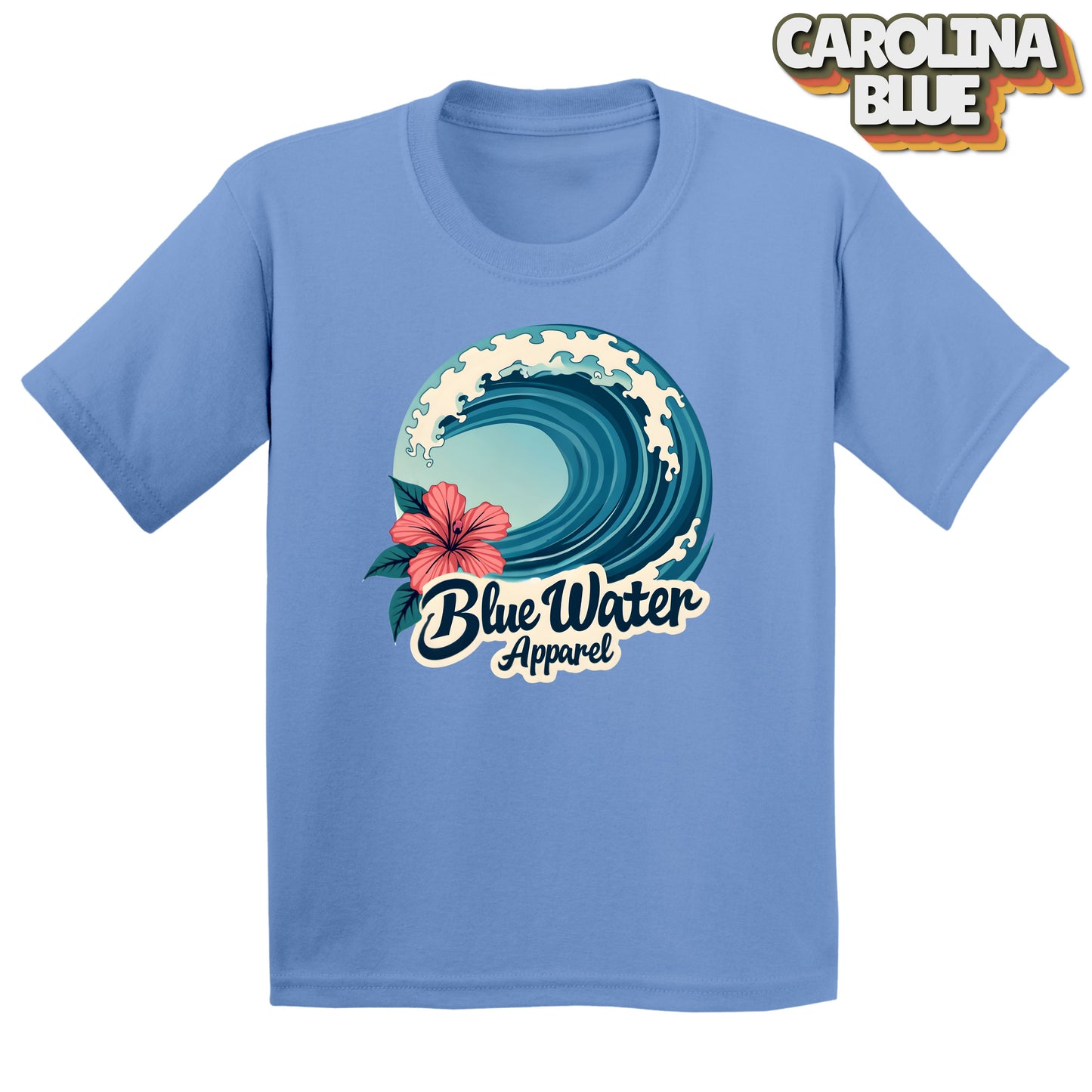 Flat lay of Carolina Blue Hibiscus Wave tee by Blue Water Apparel