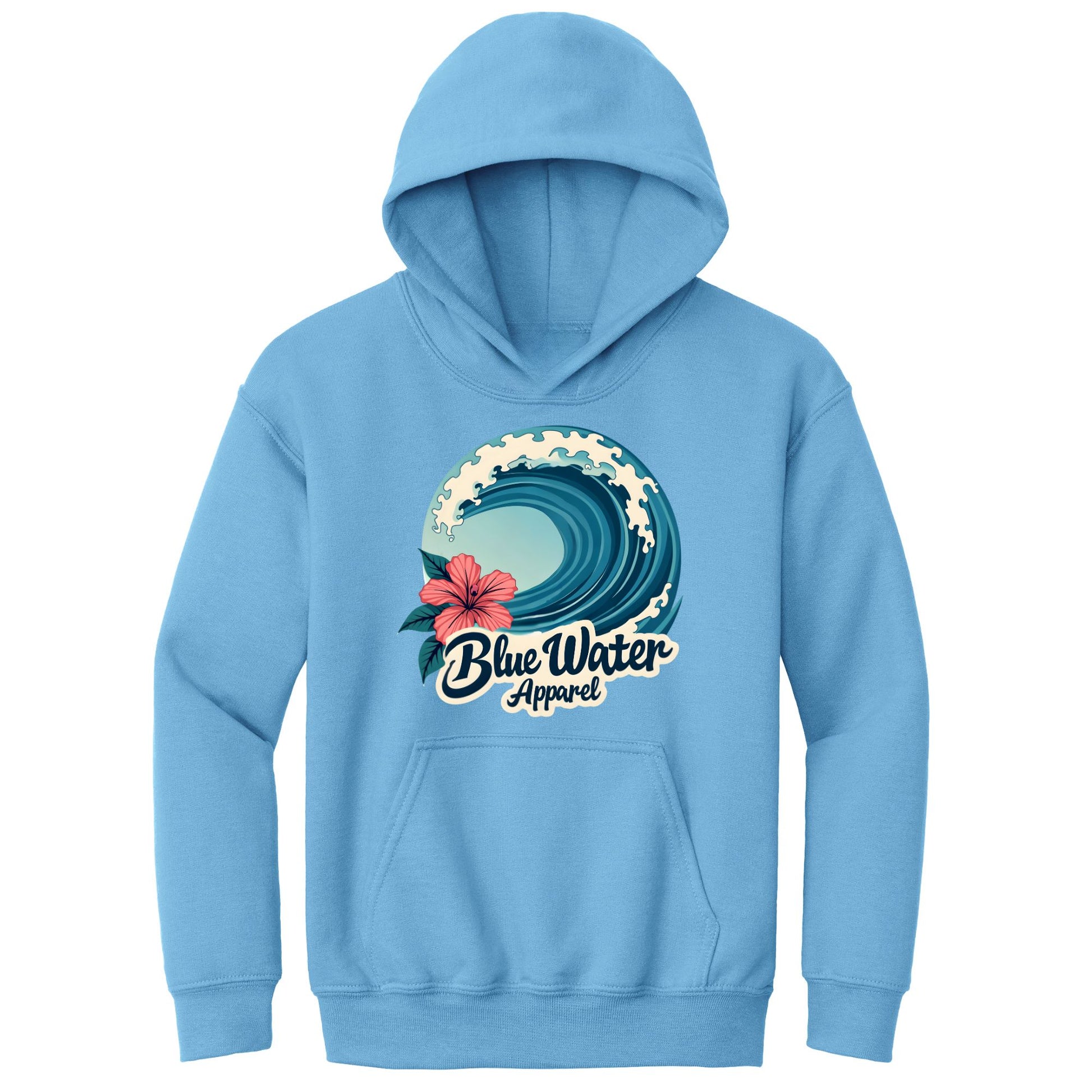 flat lay carolina blue hibiscus wave kids hoodie by blue water apparel