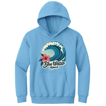 flat lay carolina blue hibiscus wave kids hoodie by blue water apparel
