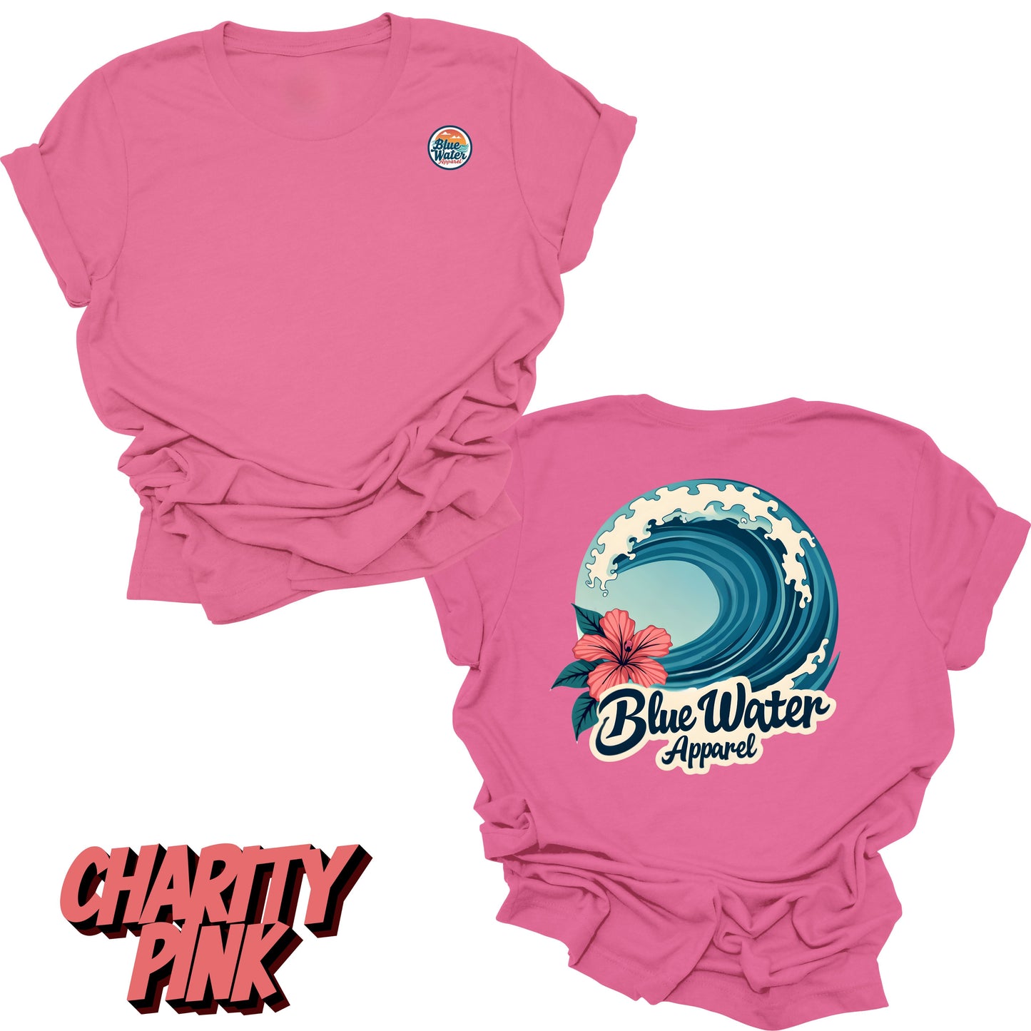 Flat Lay charity pink back graphic of hibiscus wave by blue water apparel