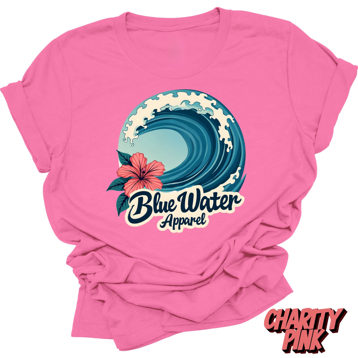Front graphic charity pink hibiscus wave tee blue water apparel