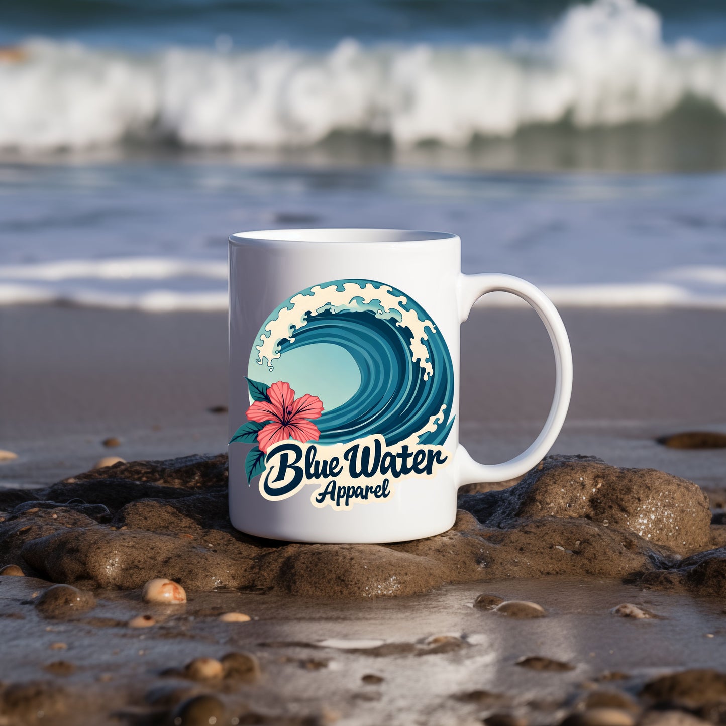 hibiscus wave coffee mug on beach by blue water apparel