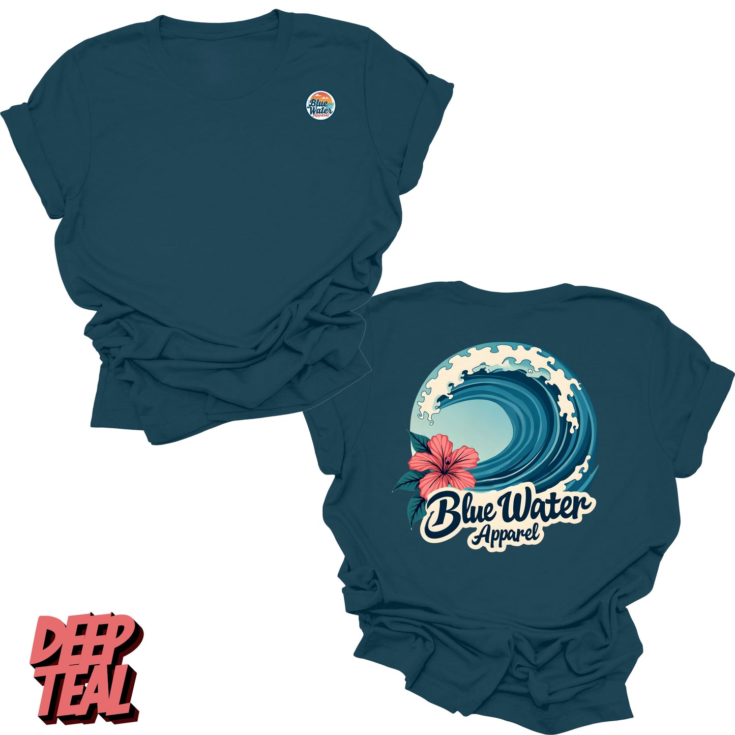 Flat Lay deep teal back graphic of hibiscus wave by blue water apparel