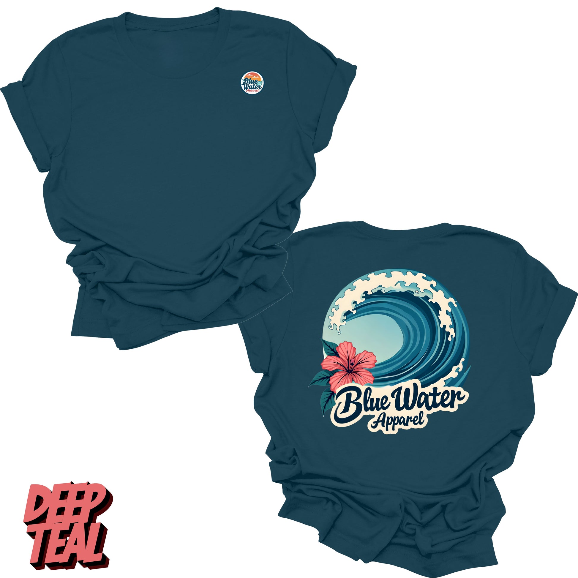 Flat Lay deep teal back graphic of hibiscus wave by blue water apparel
