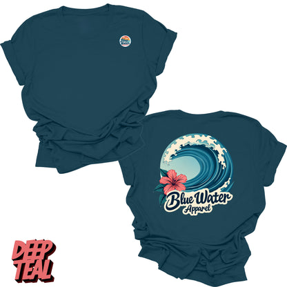 Flat Lay deep teal back graphic of hibiscus wave by blue water apparel