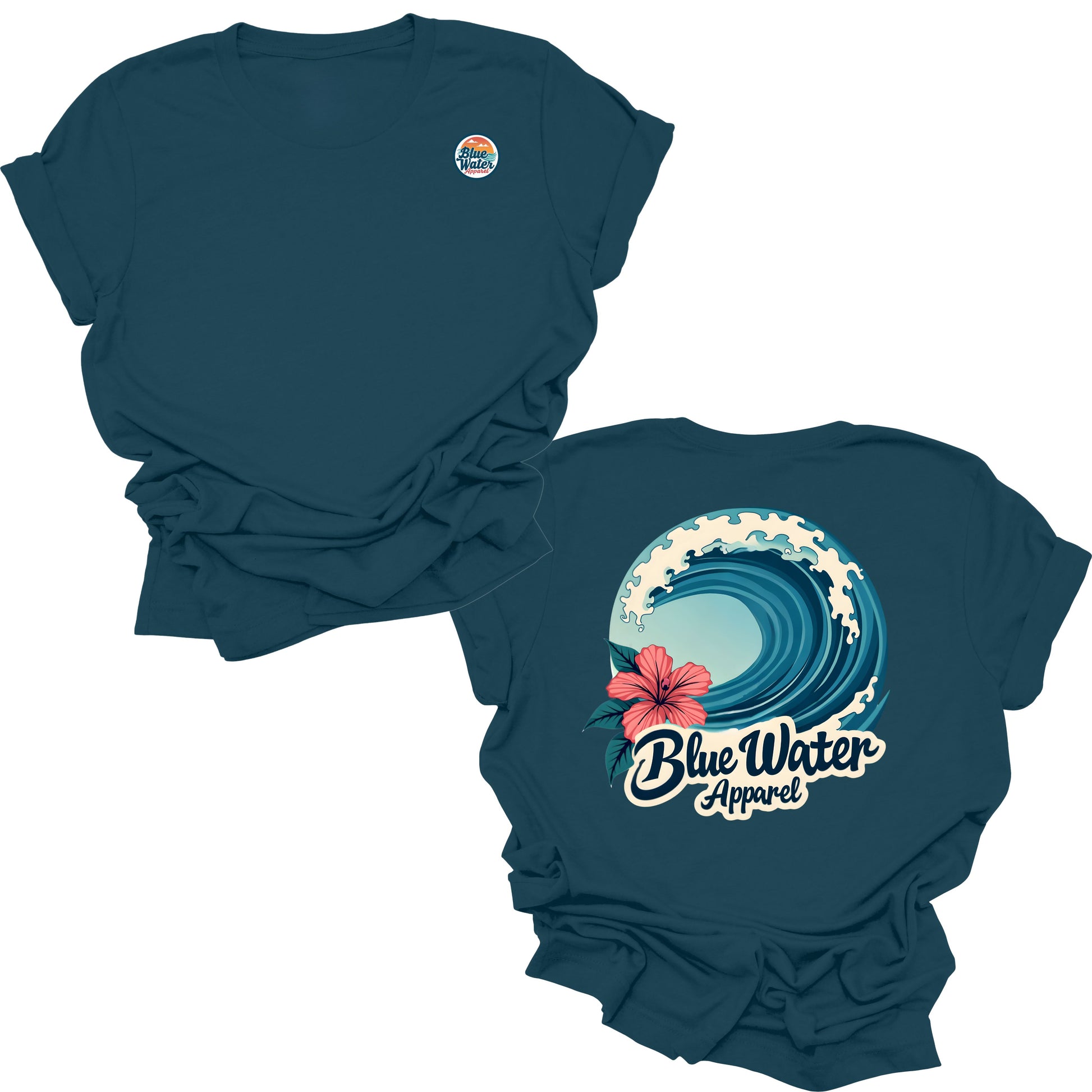 flat lay deep teal hibiscus wave tee by blue water apparel