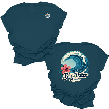 flat lay deep teal hibiscus wave tee by blue water apparel