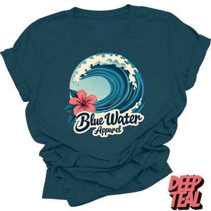 Front graphic deep teal hibiscus wave tee blue water apparel
