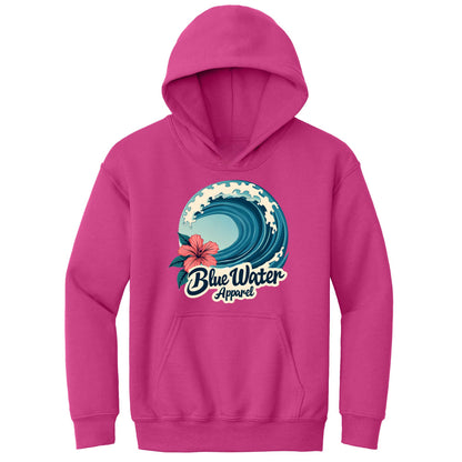 flat lay heliconia hibiscus wave kids hoodie by blue water apparel