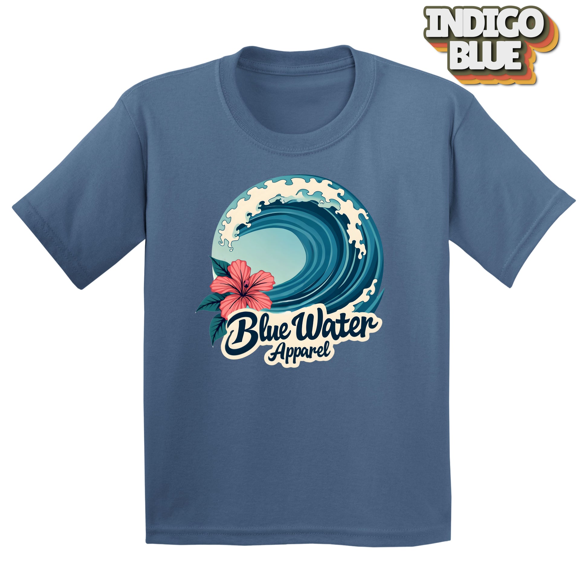 Flat lay of Indigo Blue Hibiscus Wave tee by Blue Water Apparel